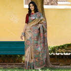 Madhubani Hand-Painted Durga Incarnations Tussar Ghicha Silk Saree