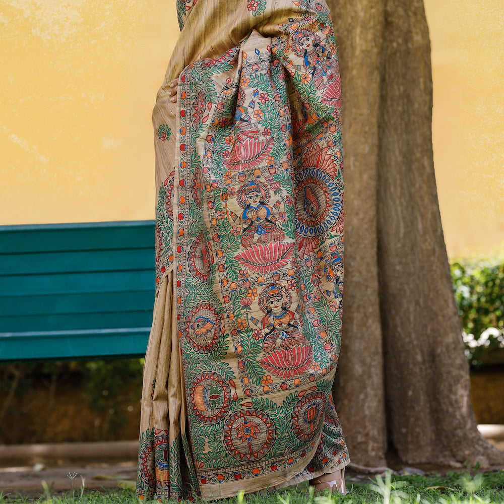 Madhubani Hand-Painted Durga Incarnations Tussar Ghicha Silk Saree