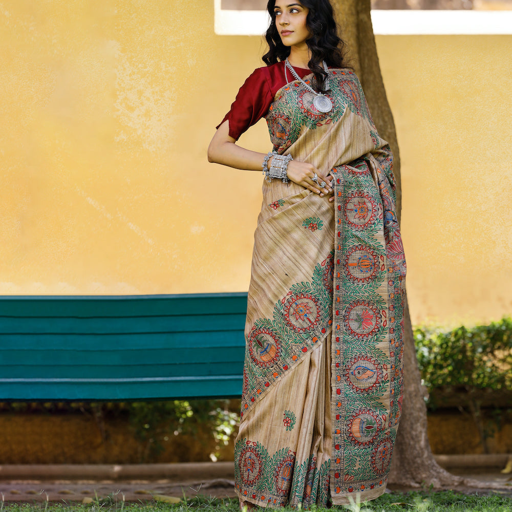 Madhubani Hand-Painted Durga Incarnations Tussar Ghicha Silk Saree