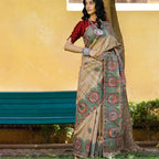 Madhubani Hand-Painted Durga Incarnations Tussar Ghicha Silk Saree
