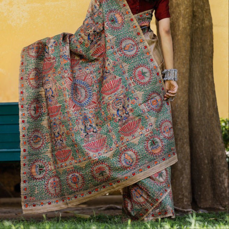Madhubani Hand-Painted Durga Incarnations Tussar Ghicha Silk Saree