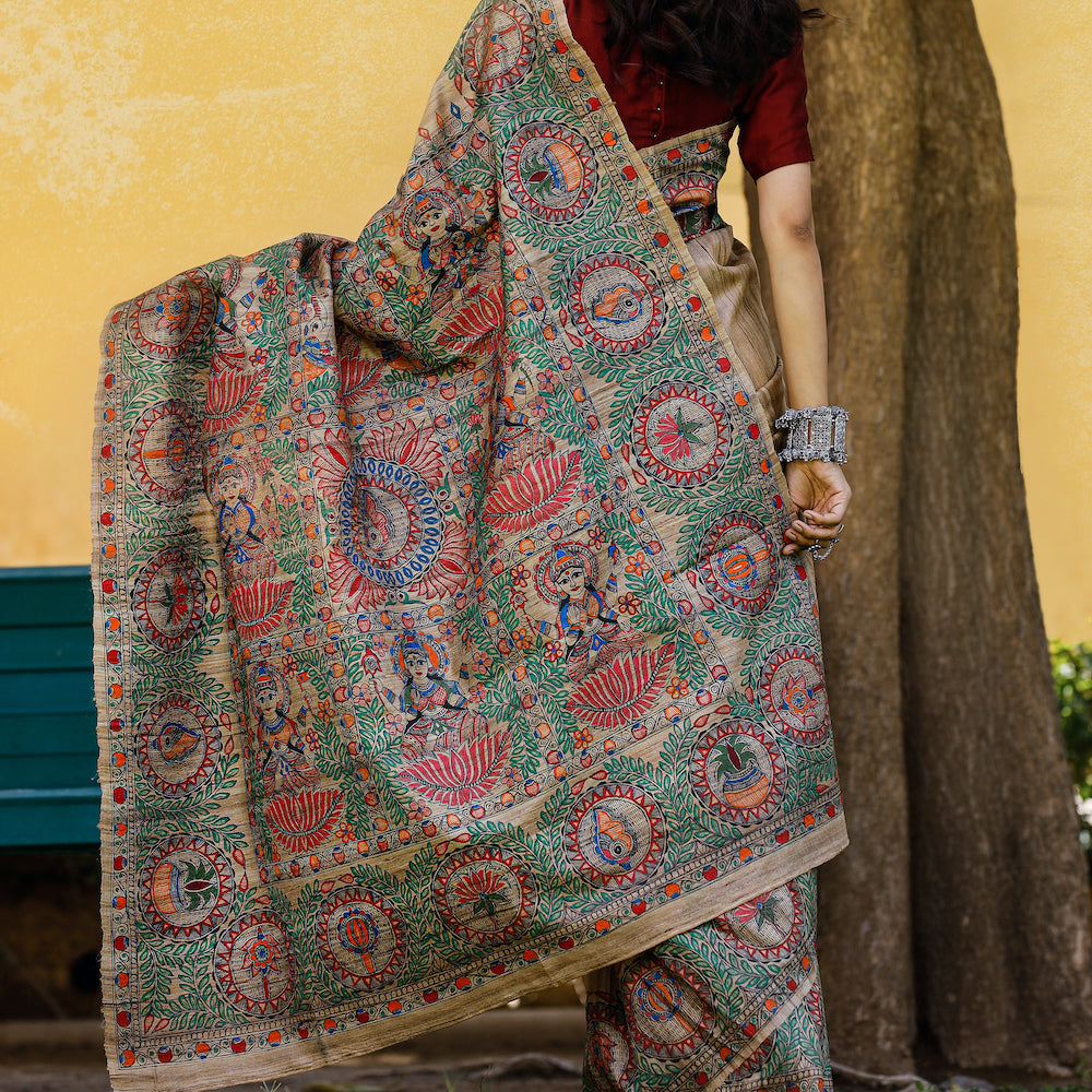 Madhubani Hand-Painted Durga Incarnations Tussar Ghicha Silk Saree