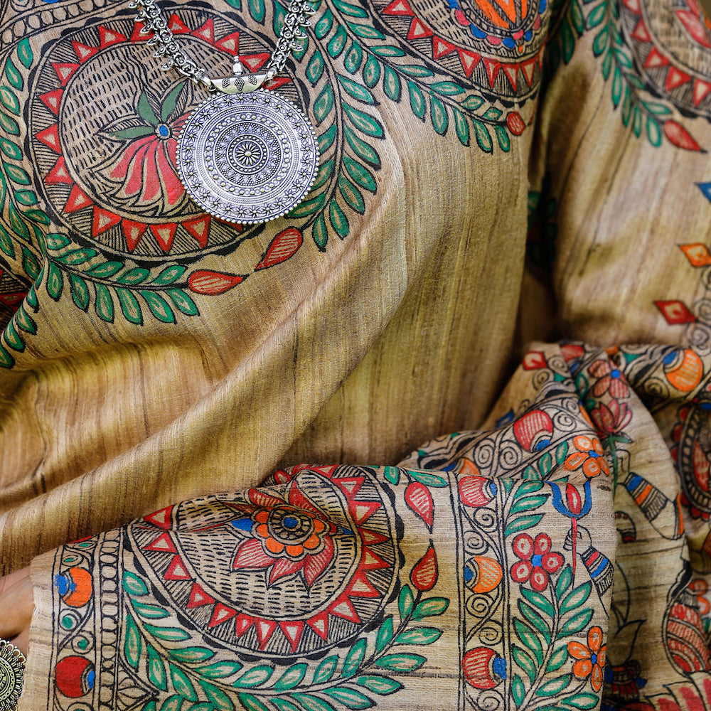 Madhubani Hand-Painted Durga Incarnations Tussar Ghicha Silk Saree
