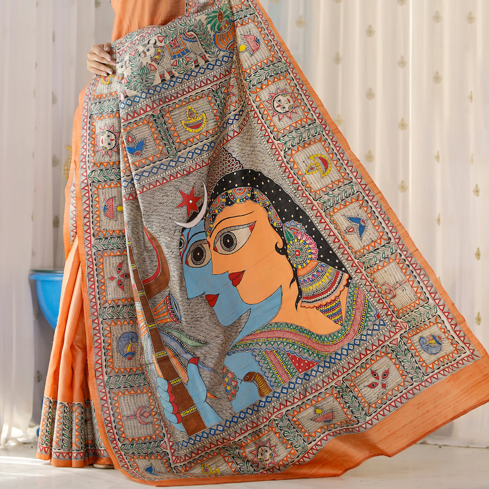 Madhubani Hand-Painted Shiv Parvati Tussar Silk Saree