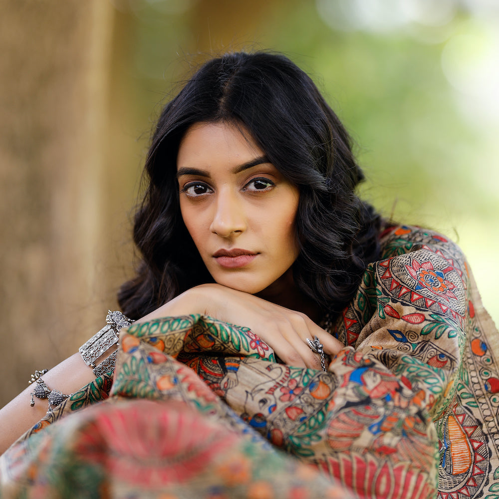 Madhubani Hand-Painted Durga Incarnations Tussar Ghicha Silk Saree
