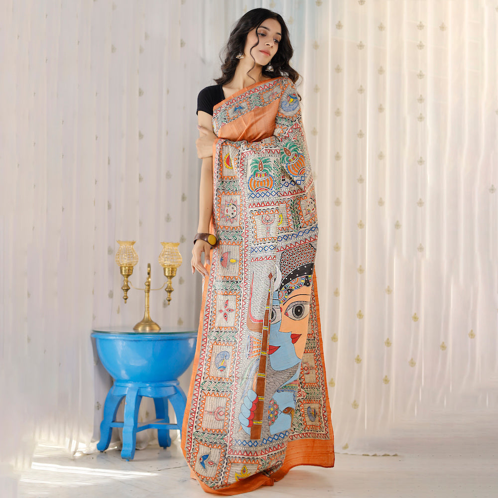 Madhubani Hand-Painted Shiv Parvati Tussar Silk Saree