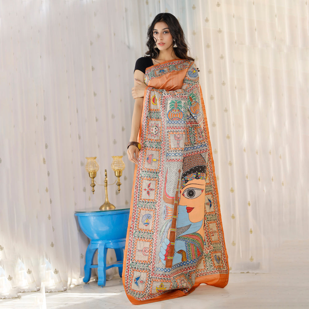 Madhubani Hand-Painted Shiv Parvati Tussar Silk Saree