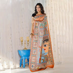 Madhubani Hand-Painted Shiv Parvati Tussar Silk Saree