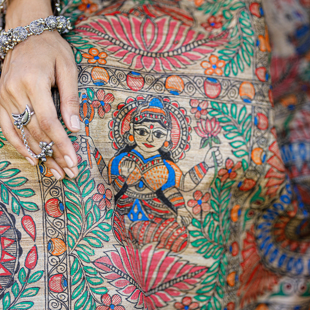 Madhubani Hand-Painted Durga Incarnations Tussar Ghicha Silk Saree