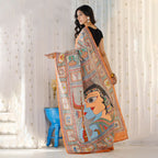 Madhubani Hand-Painted Shiv Parvati Tussar Silk Saree