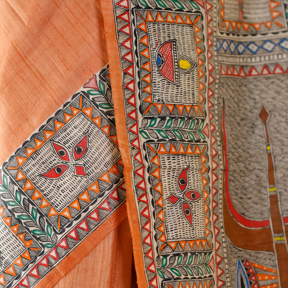 Madhubani Hand-Painted Shiv Parvati Tussar Silk Saree