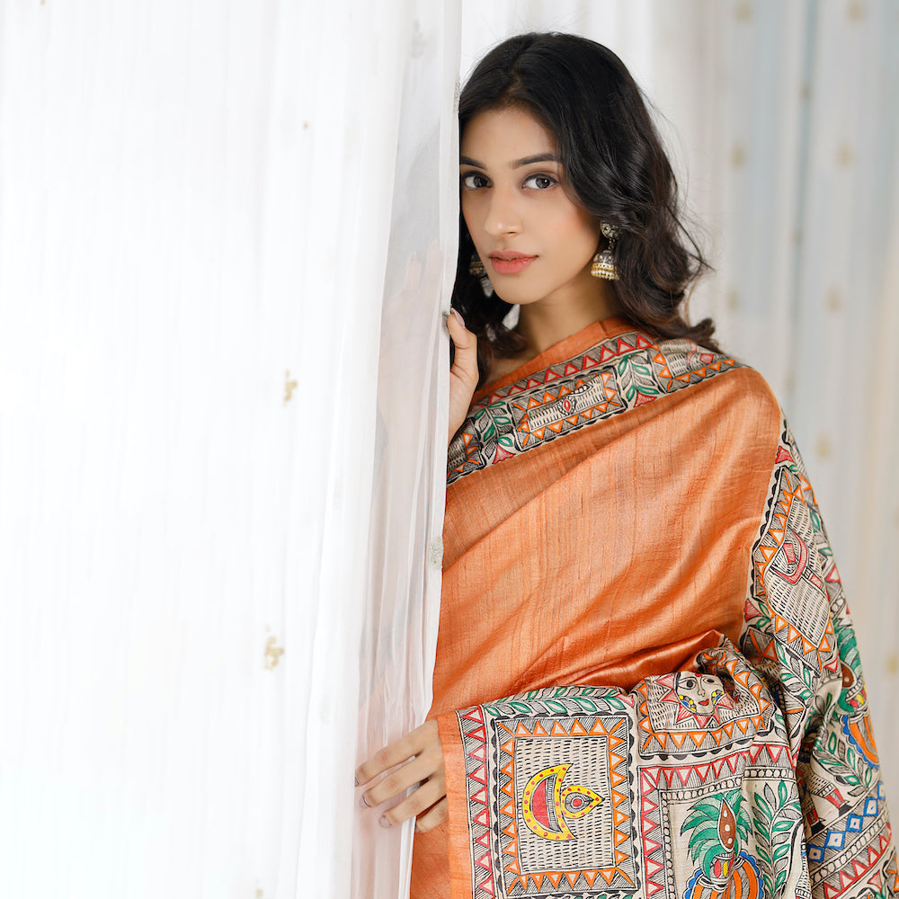Madhubani Hand-Painted Shiv Parvati Tussar Silk Saree