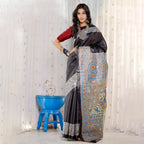 Madhubani Hand-Painted Radha Krishna Tussar Silk Saree
