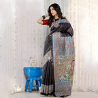 Madhubani Hand-Painted Radha Krishna Tussar Silk Saree