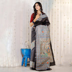 Madhubani Hand-Painted Radha Krishna Tussar Silk Saree