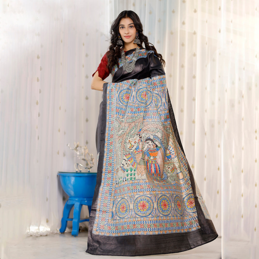 Madhubani Hand-Painted Radha Krishna Tussar Silk Saree