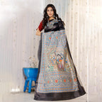 Madhubani Hand-Painted Radha Krishna Tussar Silk Saree