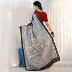 Madhubani Hand-Painted Radha Krishna Tussar Silk Saree