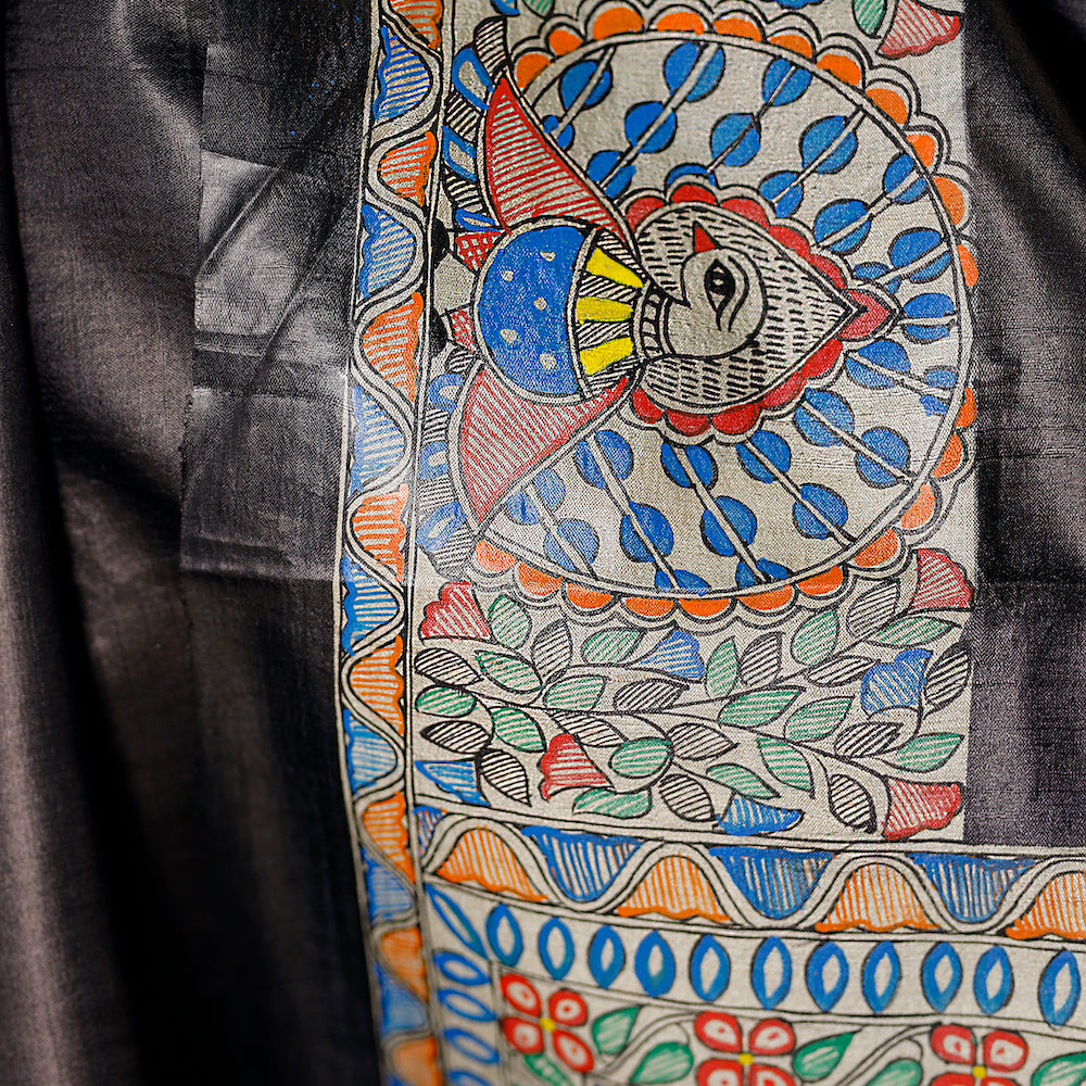 Madhubani Hand-Painted Radha Krishna Tussar Silk Saree