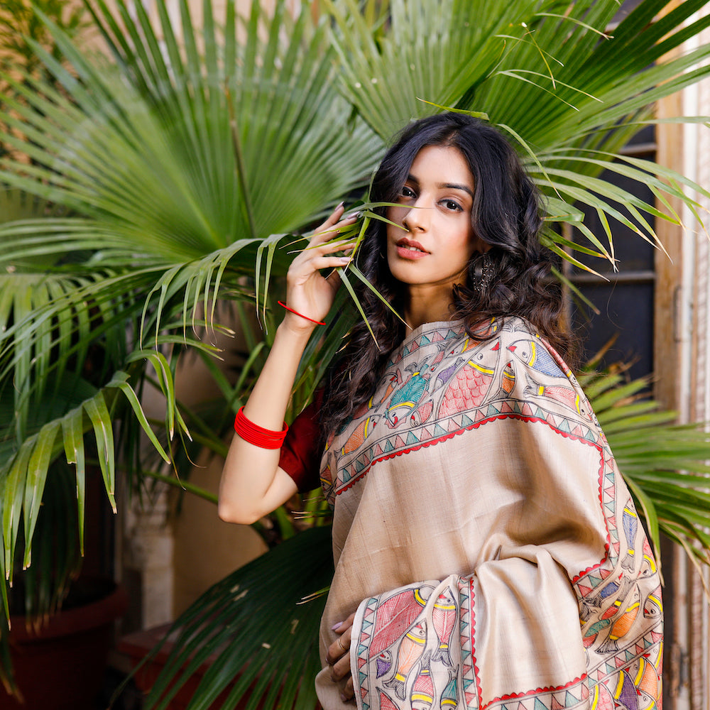 Madhubani Hand-Painted Matasya Tussar Silk Saree