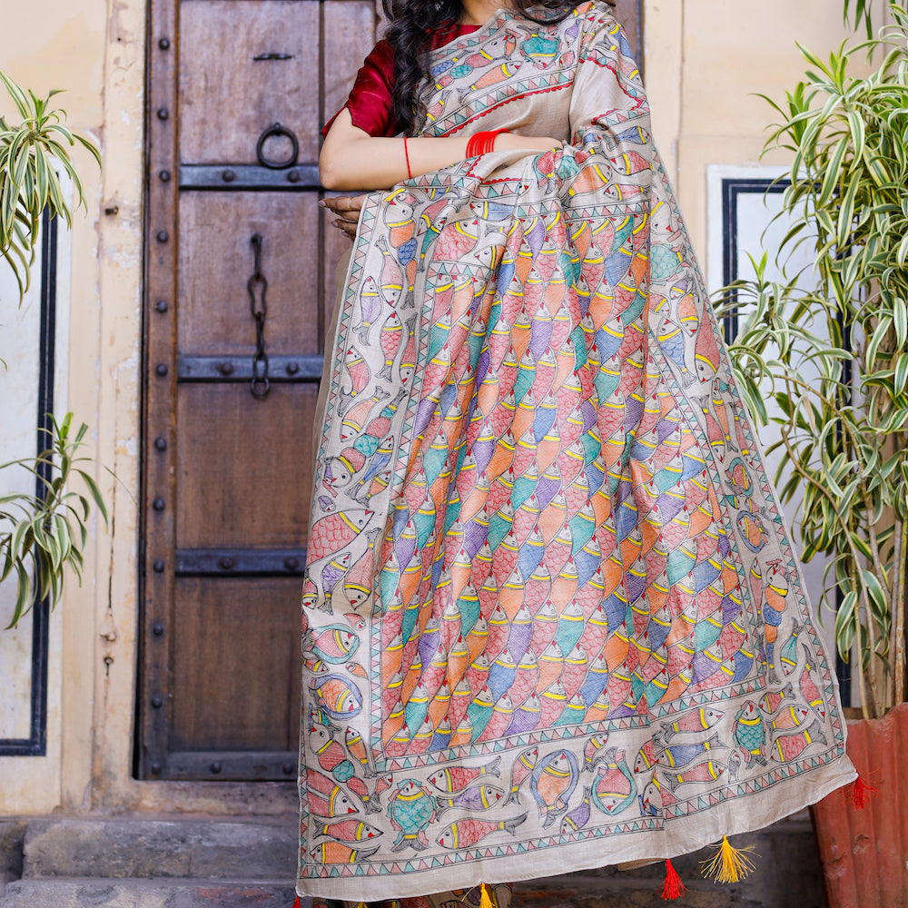 Madhubani Hand-Painted Matasya Tussar Silk Saree