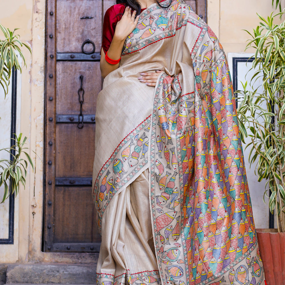 Madhubani Hand-Painted Matasya Tussar Silk Saree