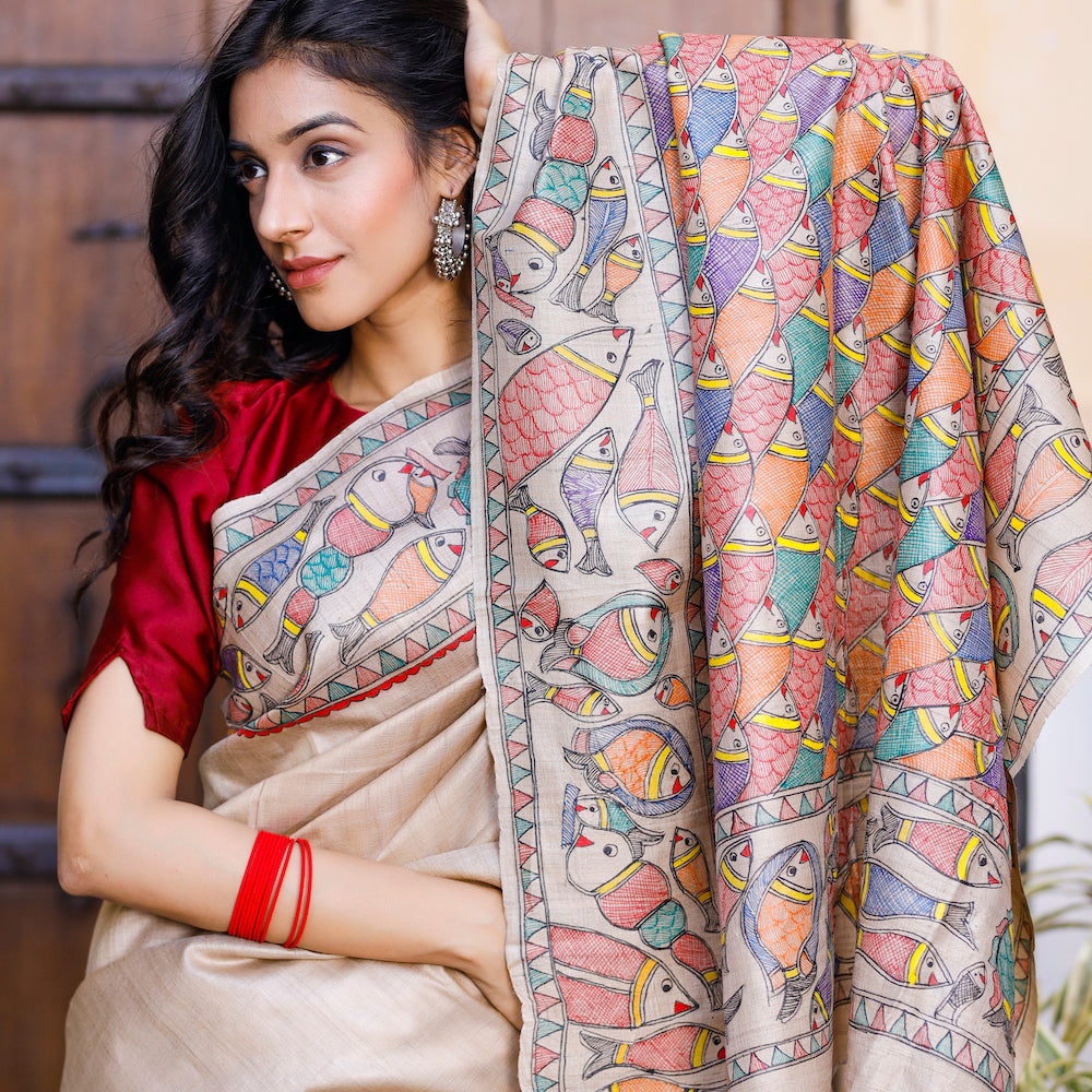 Madhubani Hand-Painted Matasya Tussar Silk Saree