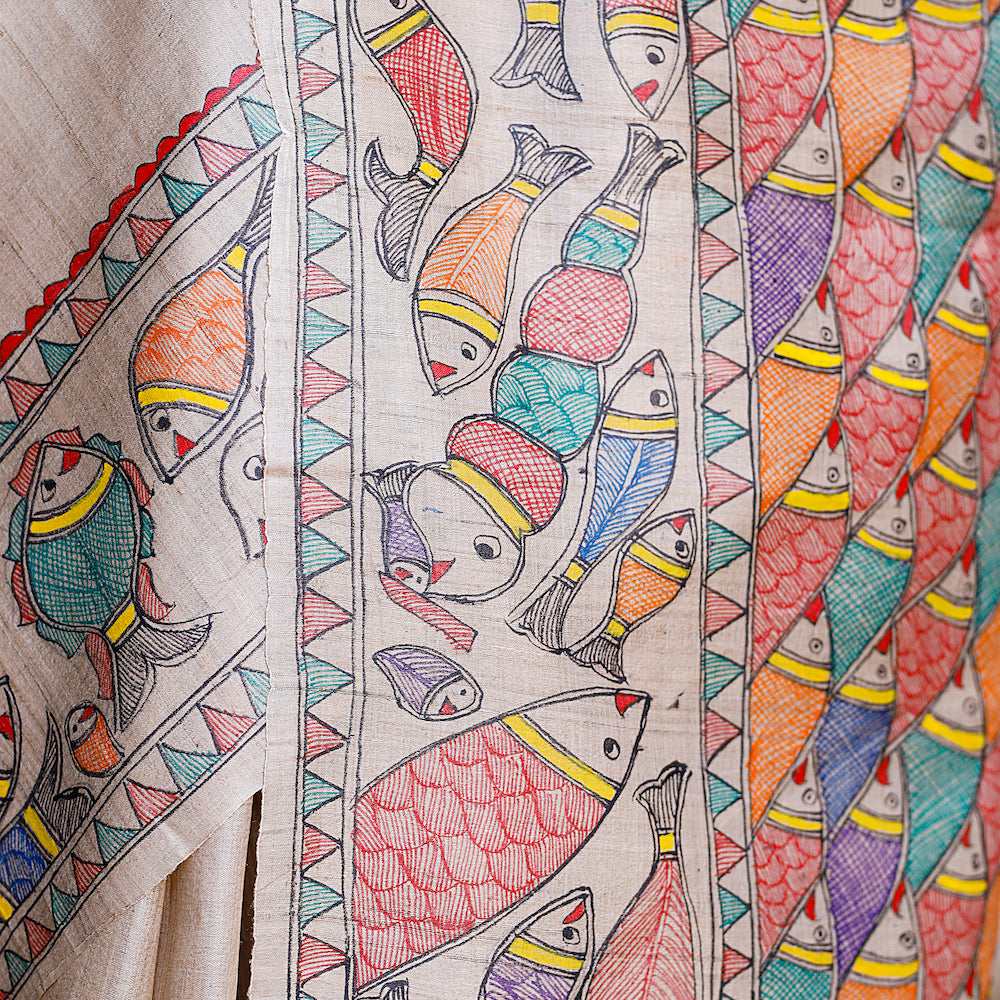 Madhubani Hand-Painted Matasya Tussar Silk Saree