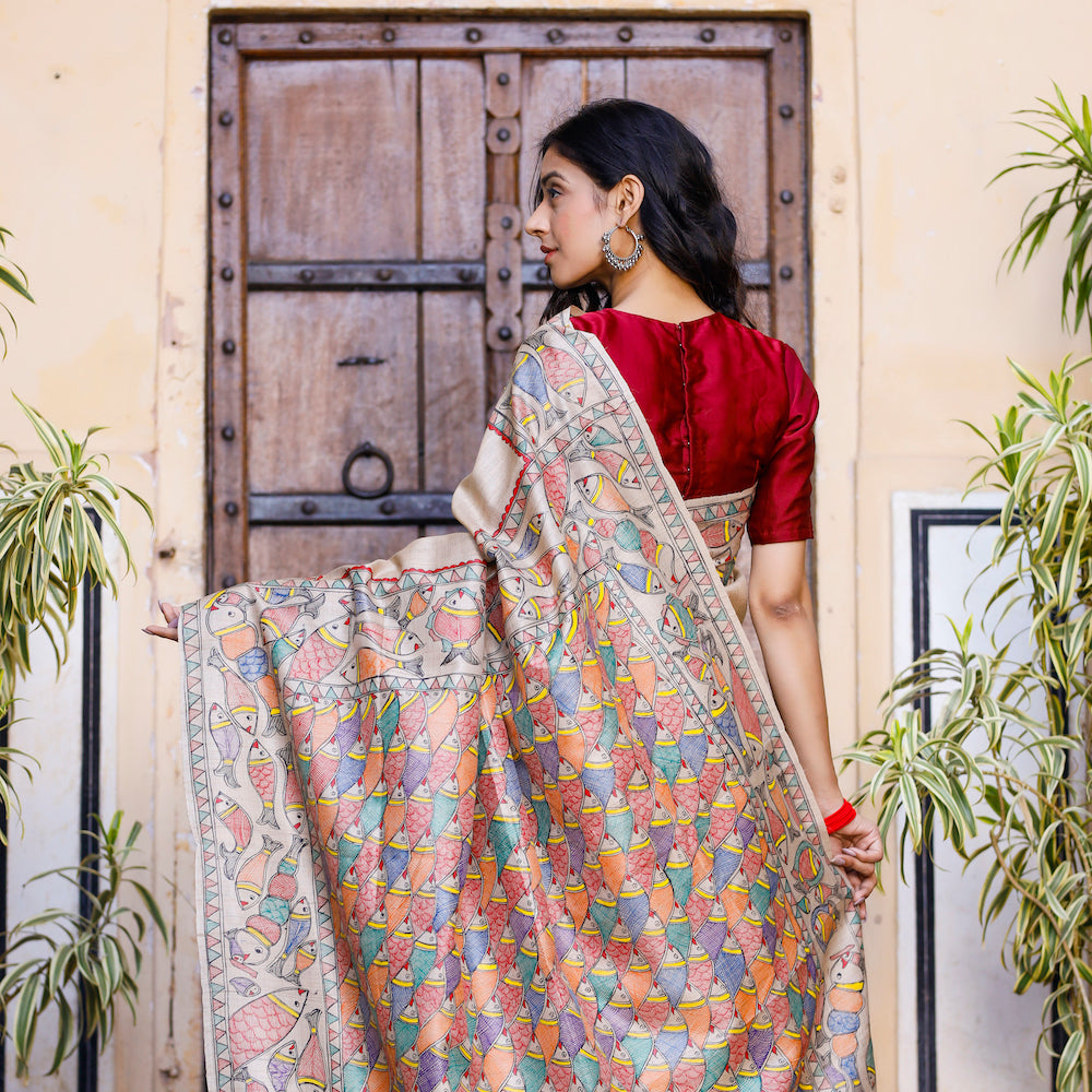 Madhubani Hand-Painted Matasya Tussar Silk Saree
