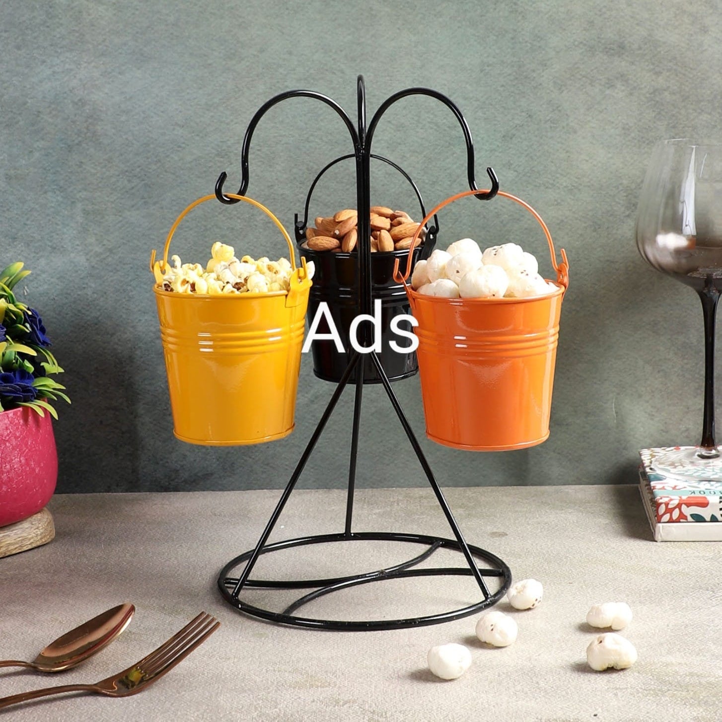 AmayaDecor's Hanging Bucket Platter Set of 3 | Multicolor | Iron with Powder Coating Pack of 1