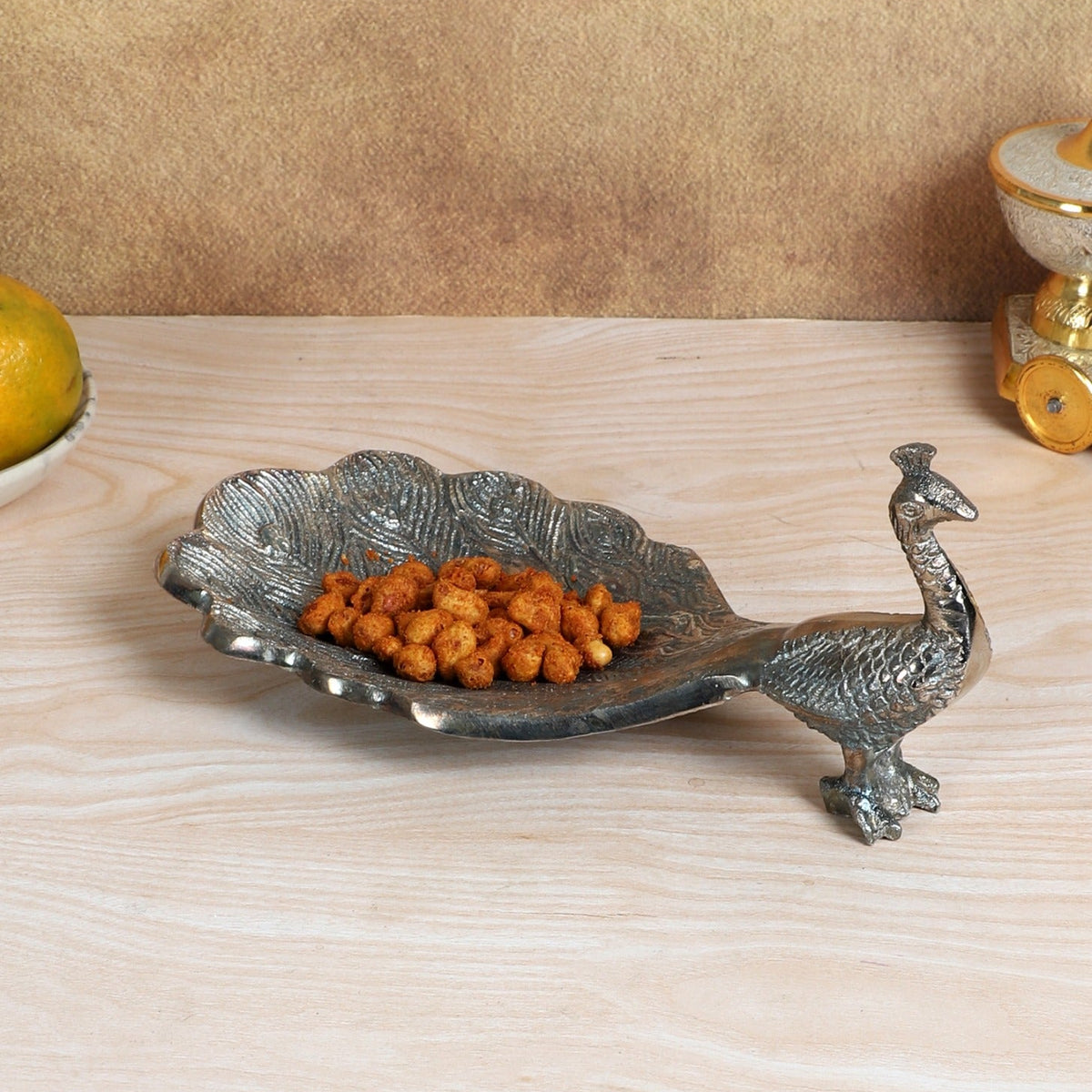 Amaya Decors Peacock Aluminium Silver Small Gifting Platter