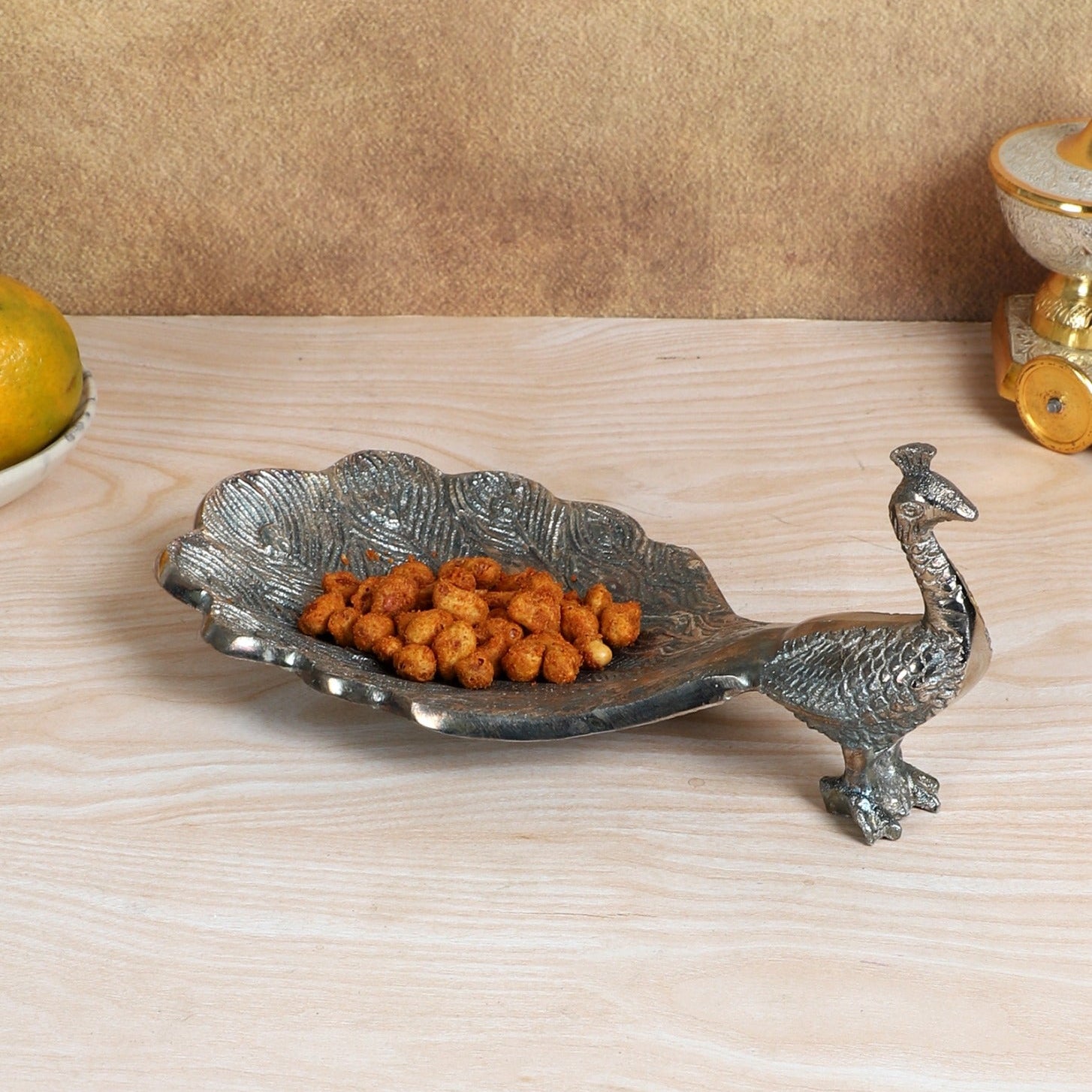 Amaya Decors Peacock Aluminium Silver Small Gifting Platter