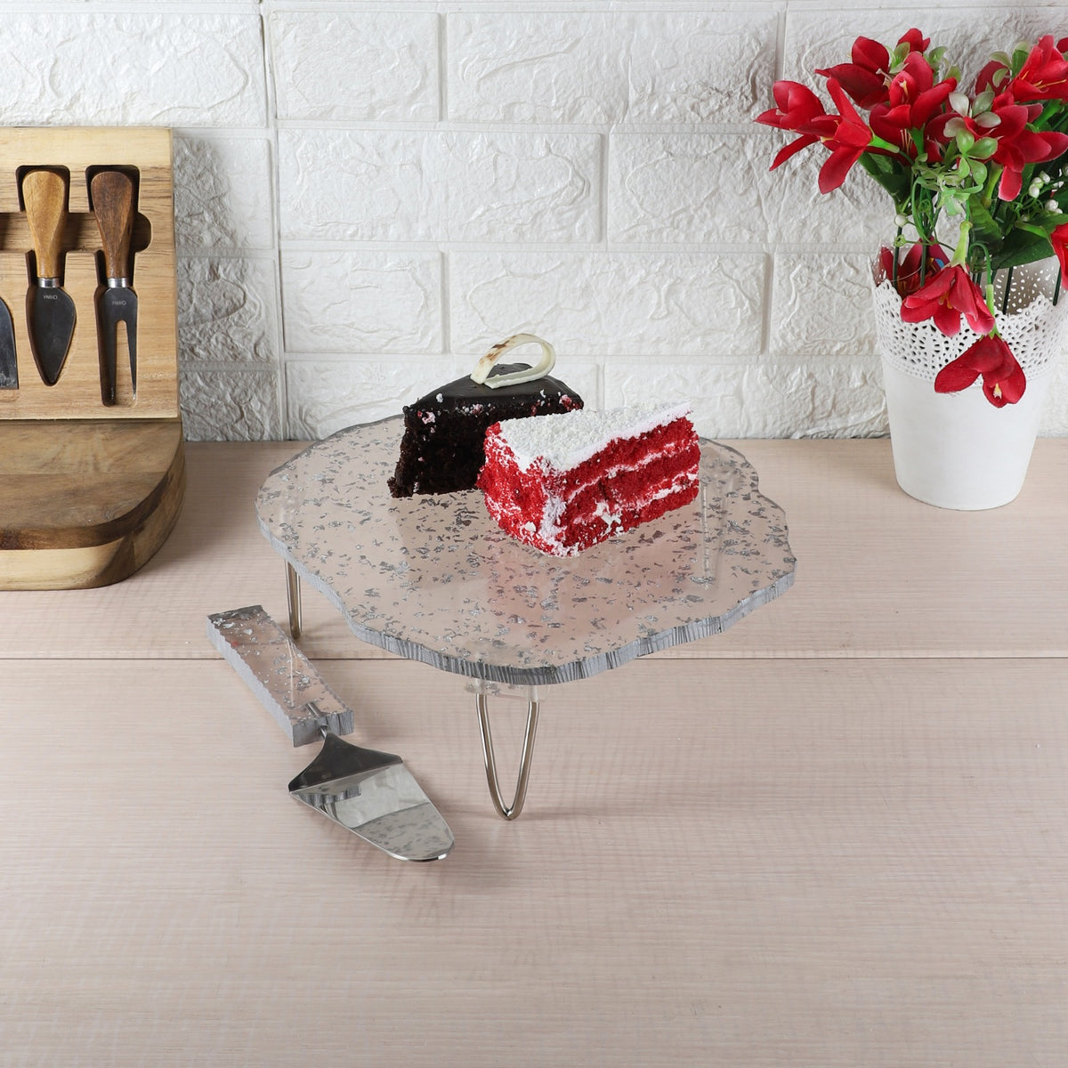 Amaya Decors Silver Flex Resin Cake Platter Set of 2