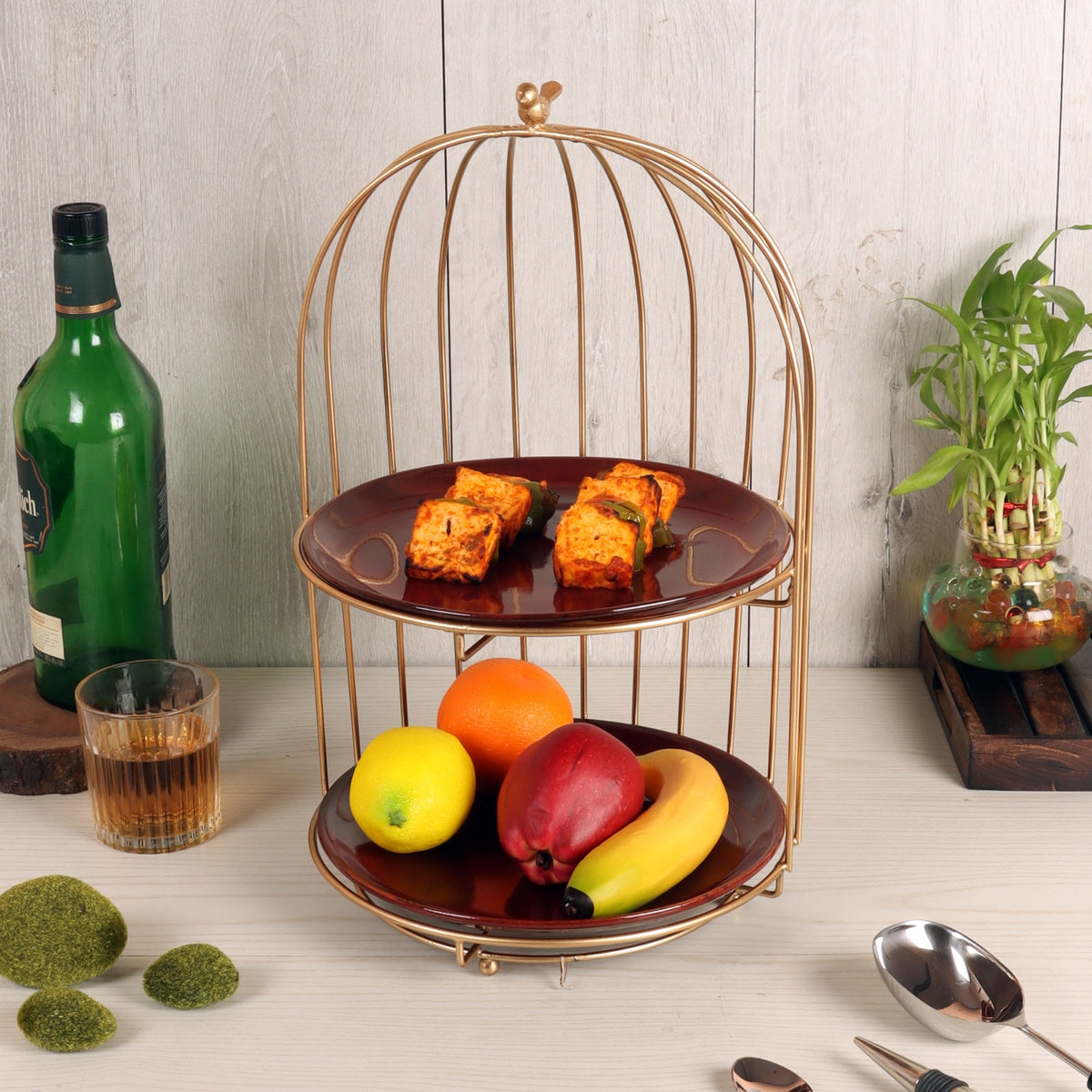 Amaya Decors Two Layer Cage Ceramic Platter with Maroon Plates