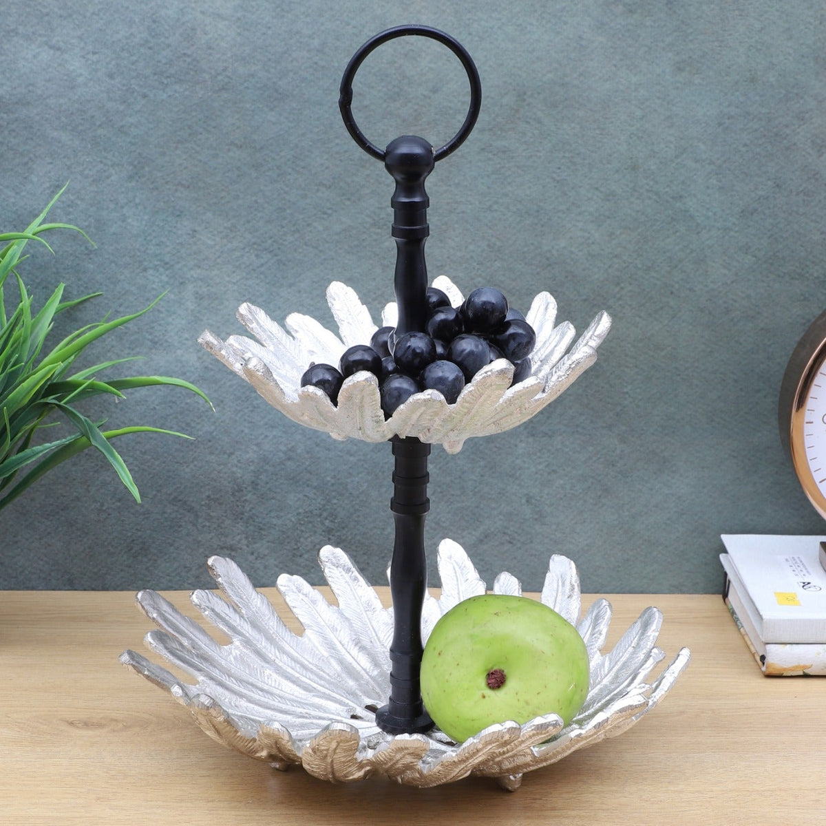Amaya Decors Two Layer Silver & Black Aluminium Fruits Platter