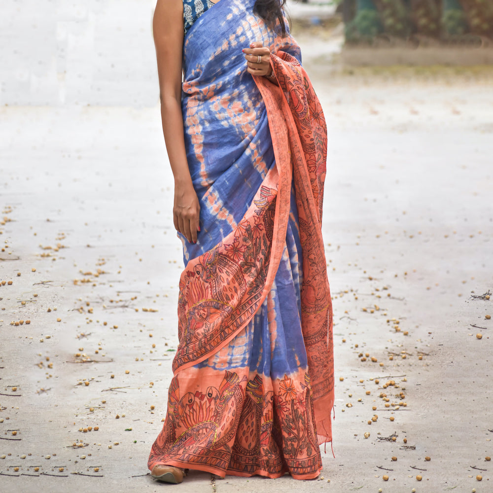 Madhubani Shibori Hand-Painted "Serene" Linen Saree