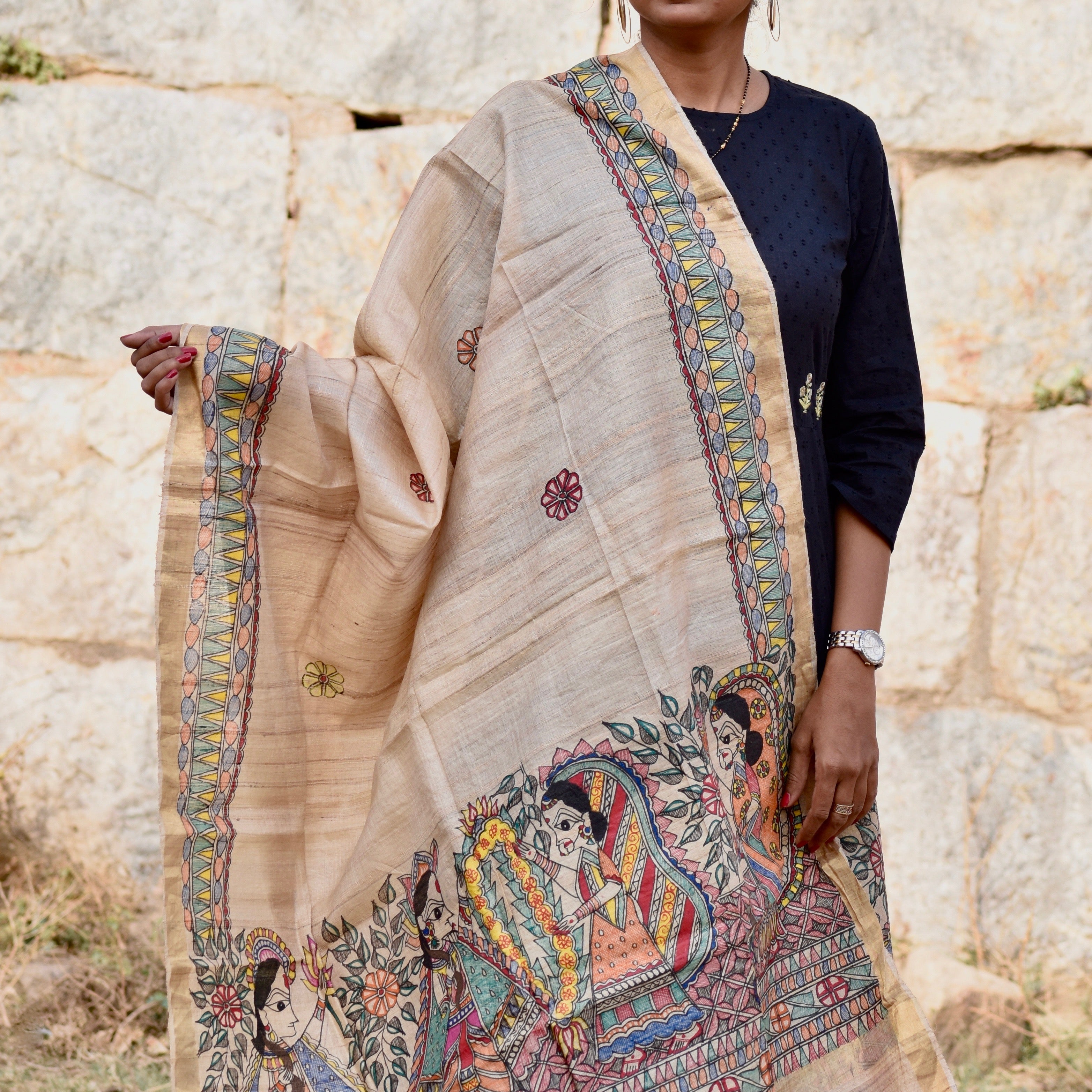 Madhubani Hand-Painted Natural Tussar Silk Dupatta