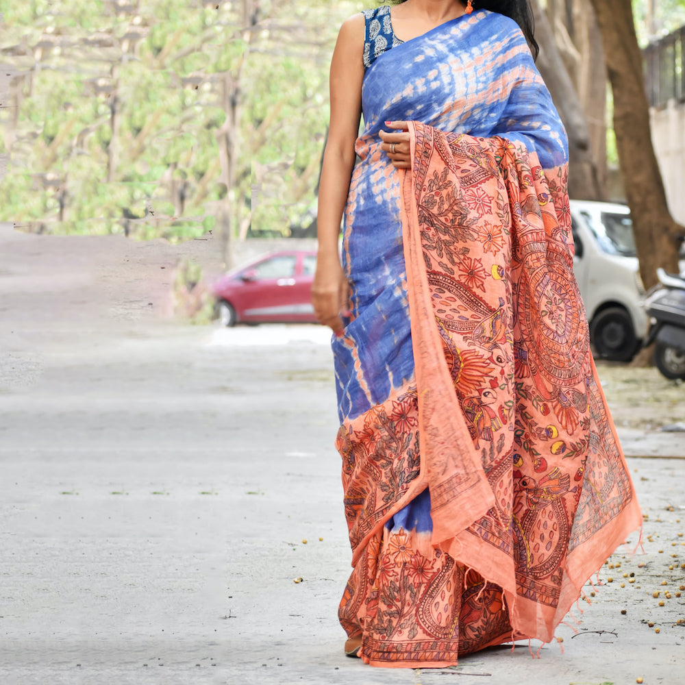 Madhubani Shibori Hand-Painted "Serene" Linen Saree