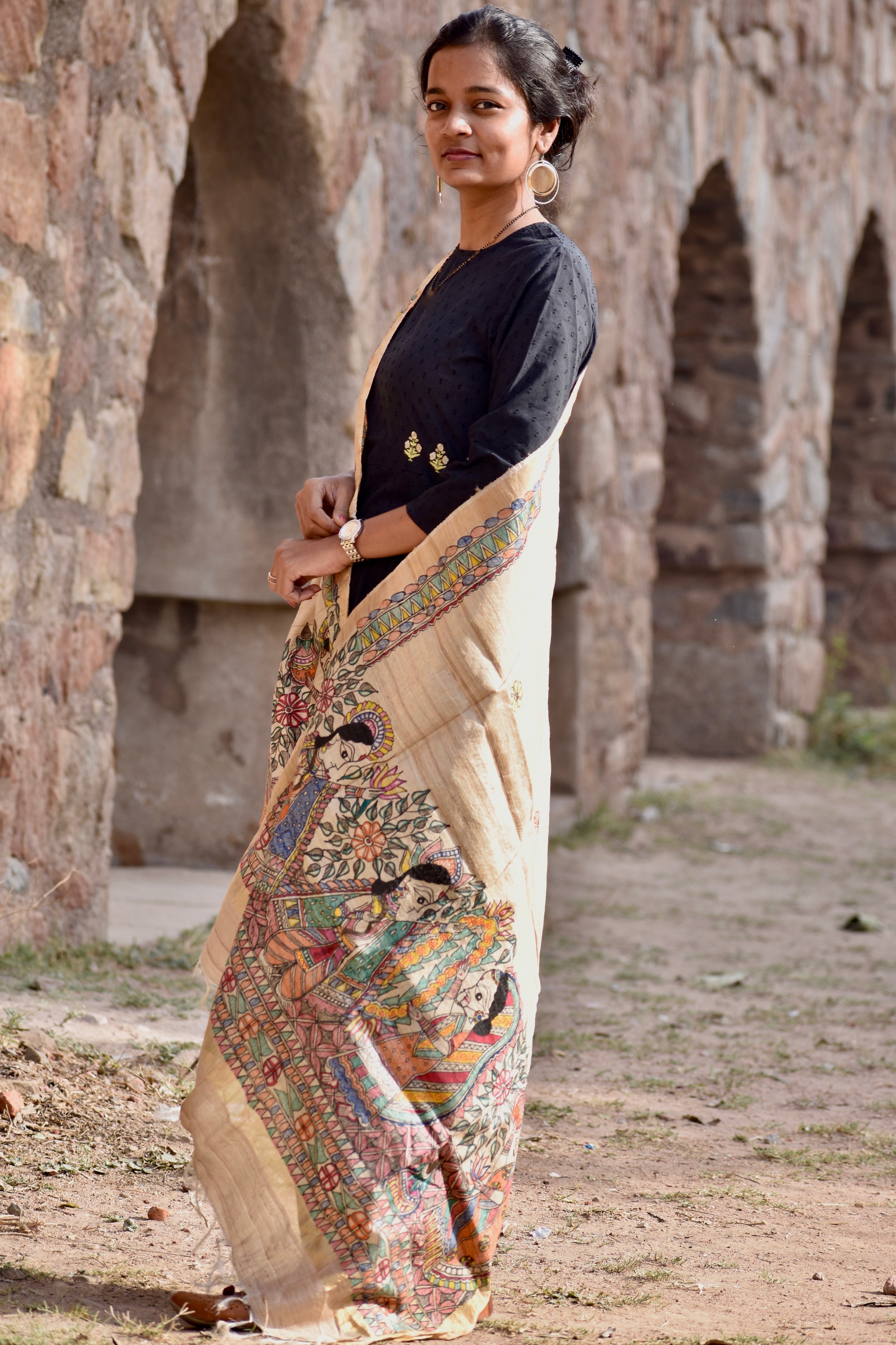 Madhubani Hand-Painted Natural Tussar Silk Dupatta