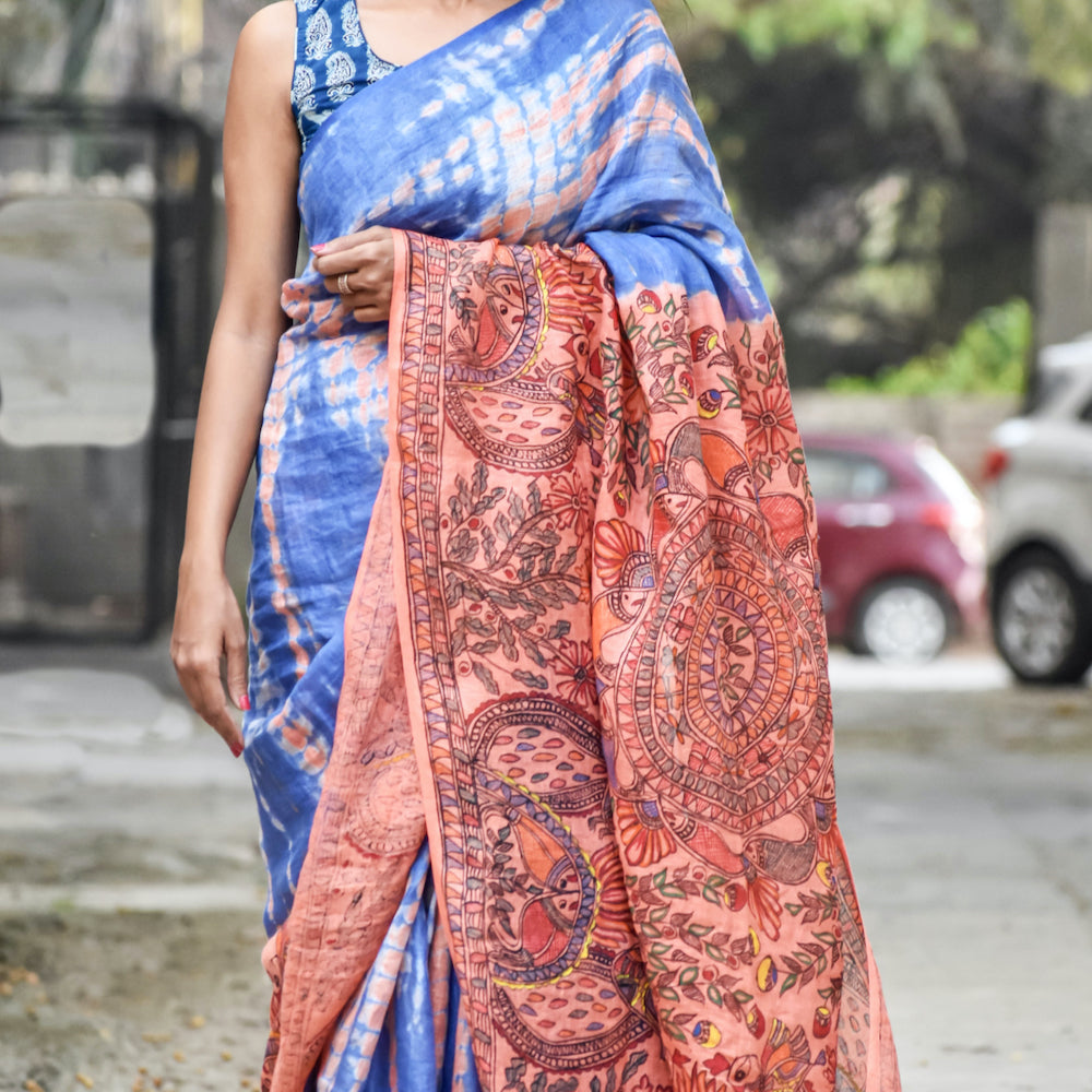Madhubani Shibori Hand-Painted "Serene" Linen Saree