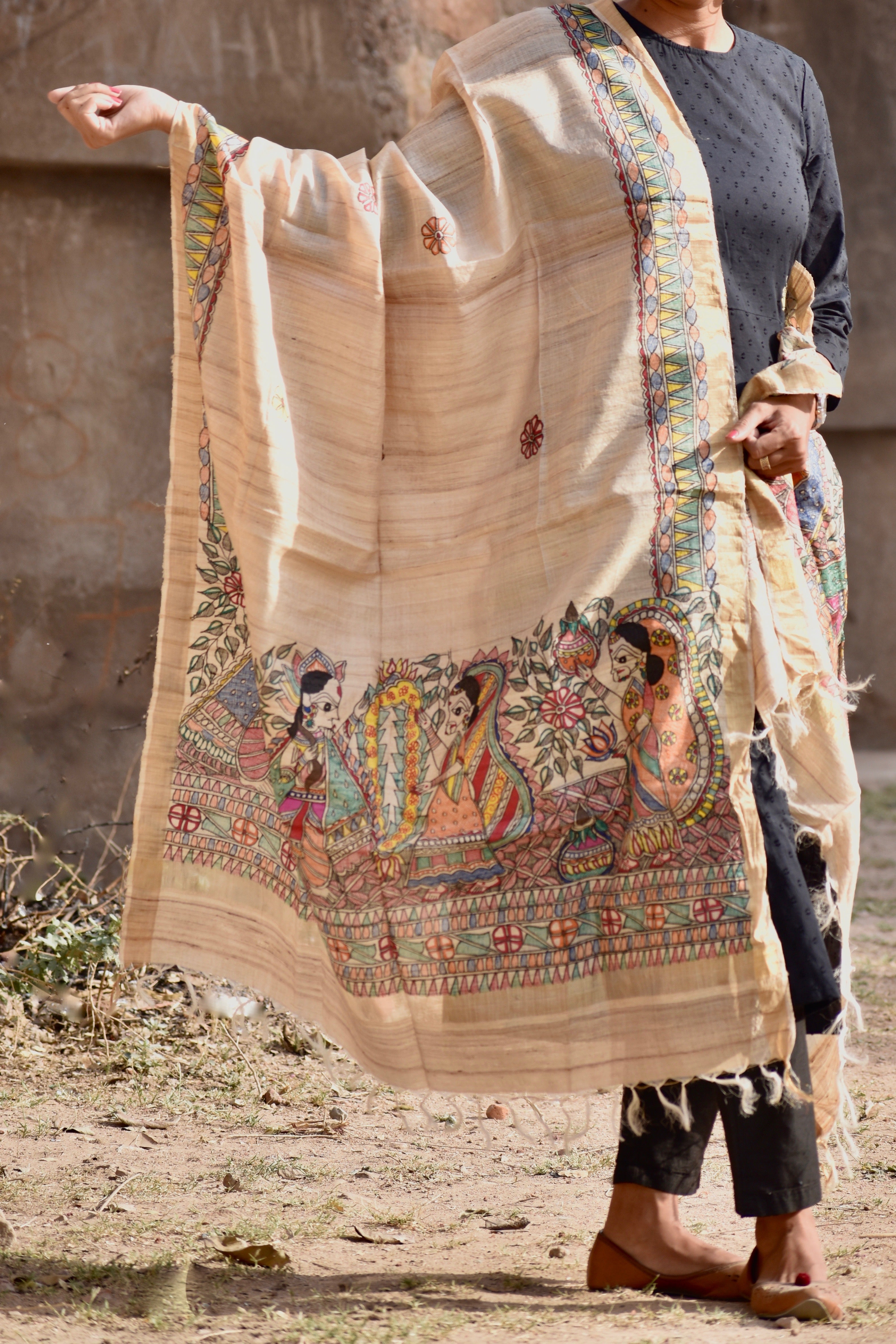 Madhubani Hand-Painted Natural Tussar Silk Dupatta