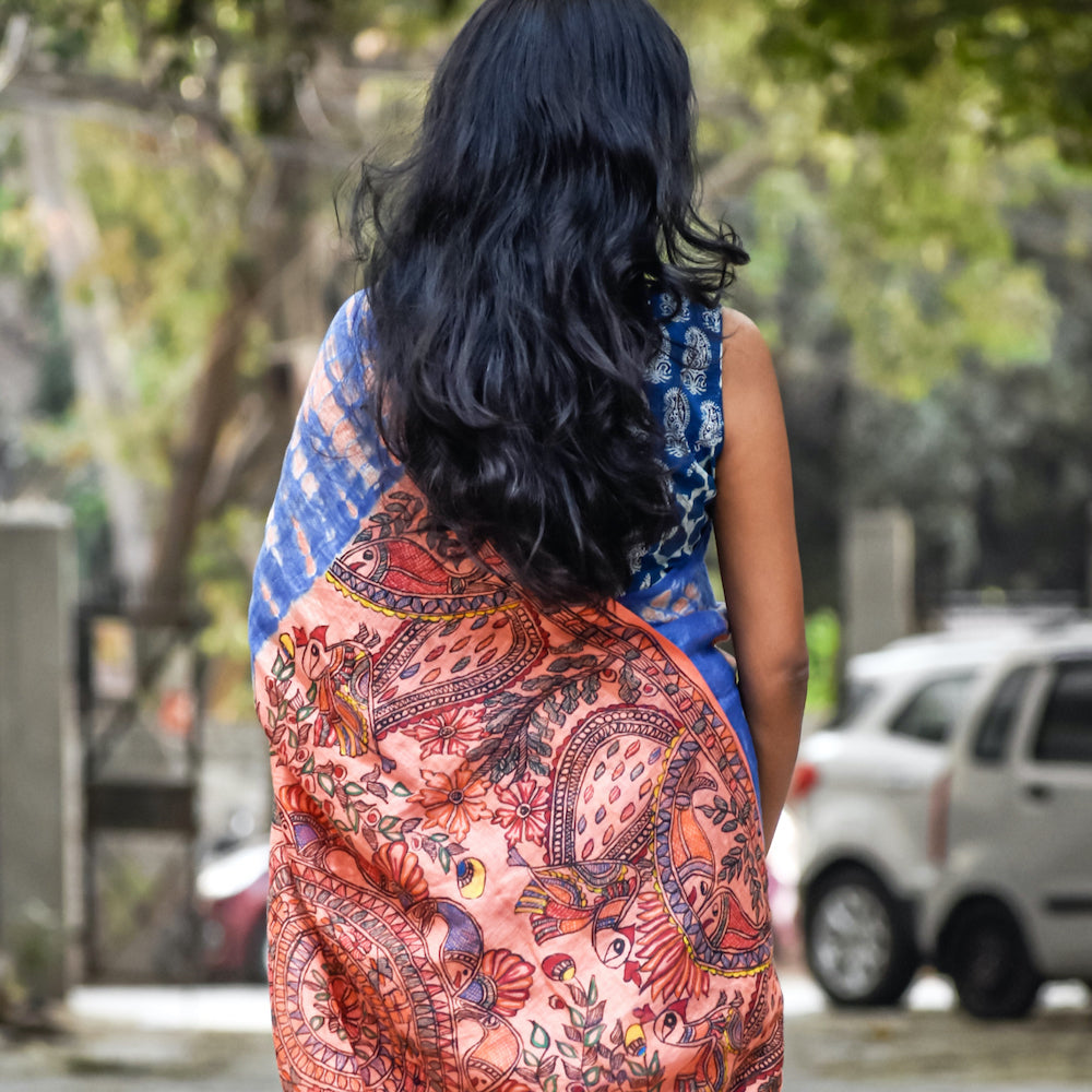 Madhubani Shibori Hand-Painted "Serene" Linen Saree