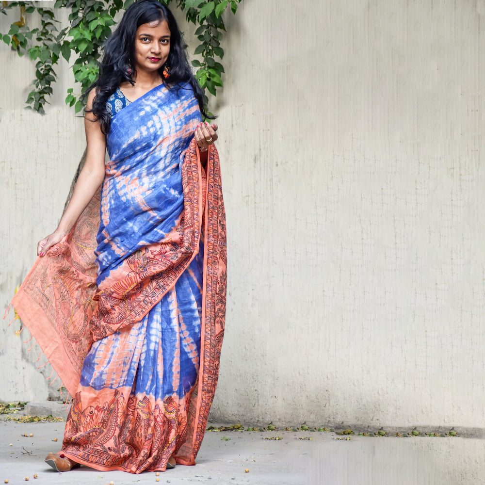 Madhubani Shibori Hand-Painted "Serene" Linen Saree