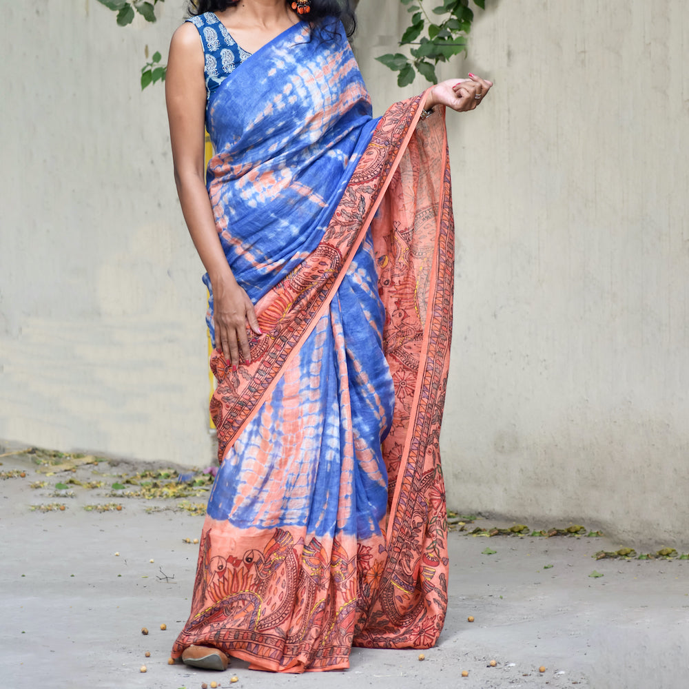 Madhubani Shibori Hand-Painted "Serene" Linen Saree