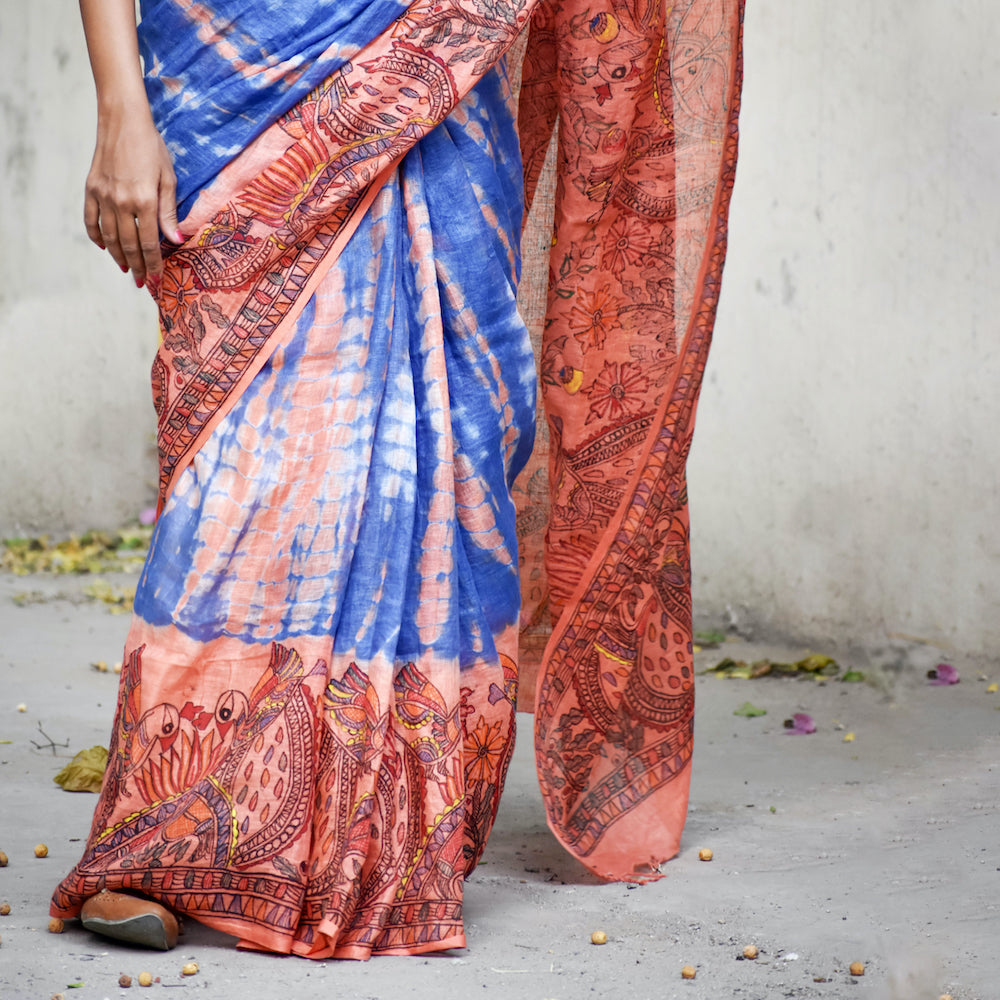 Madhubani Shibori Hand-Painted "Serene" Linen Saree