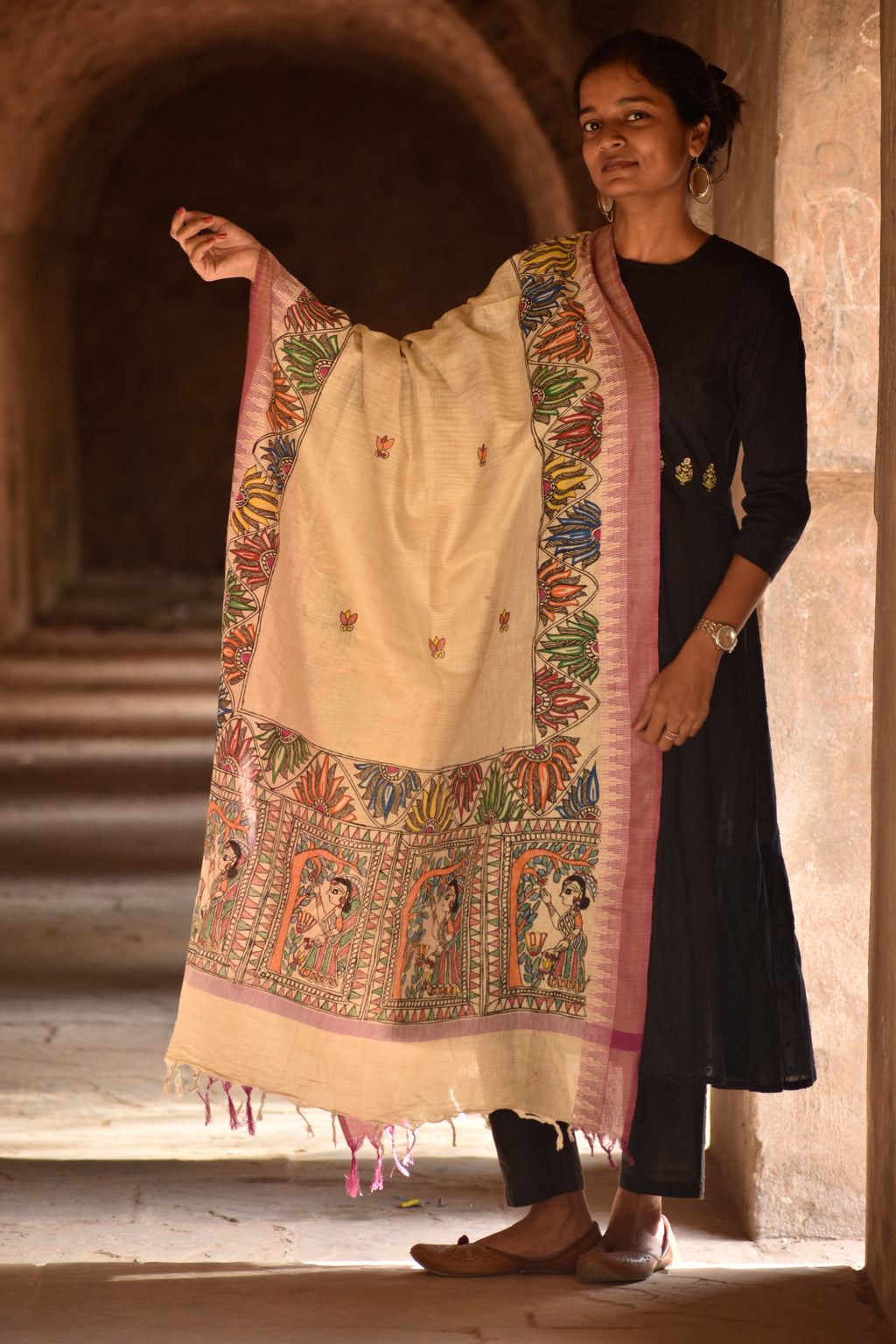 Madhubani Hand-Painted Cotton Dupatta