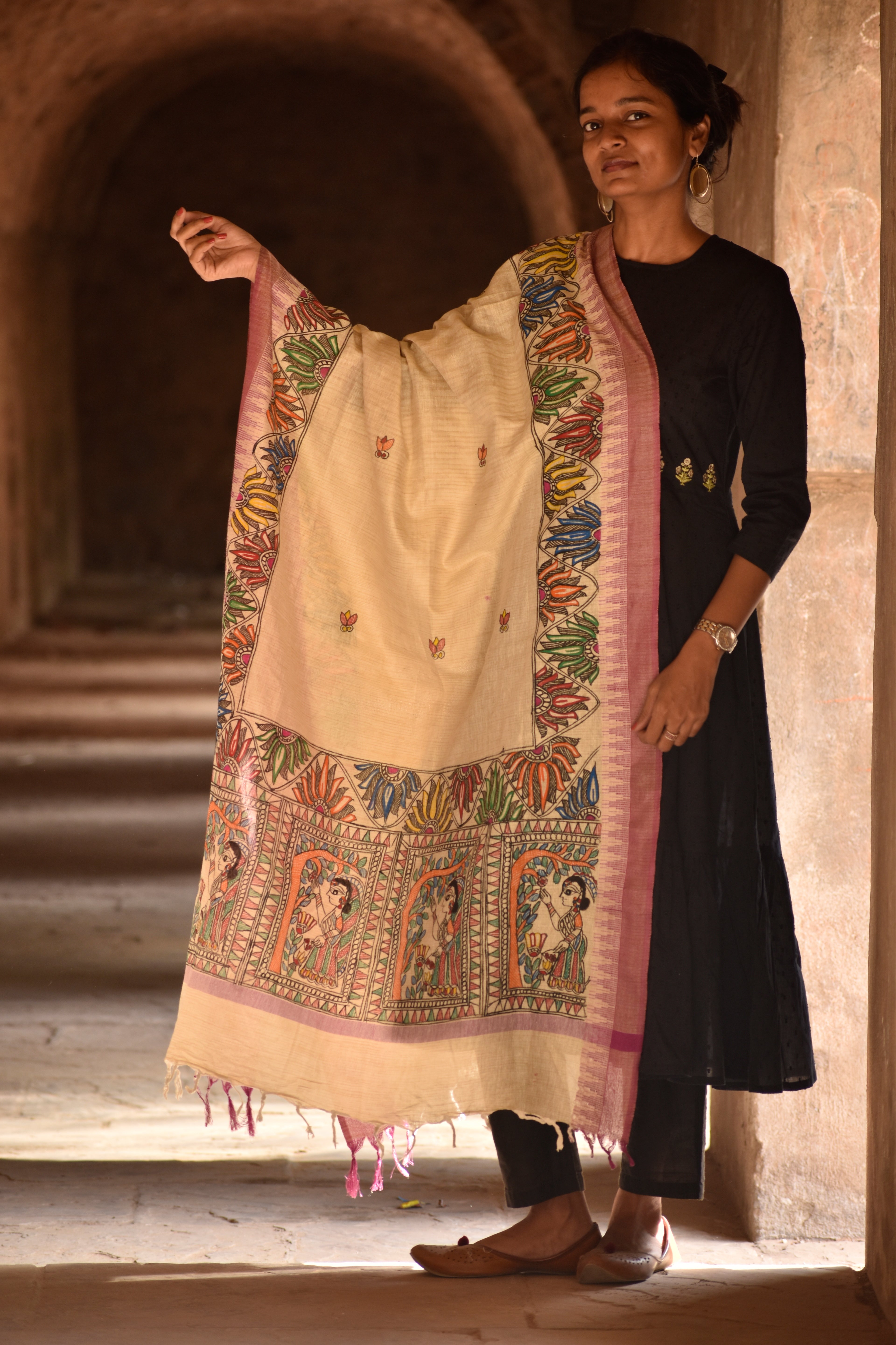 Madhubani Hand-Painted Cotton Dupatta