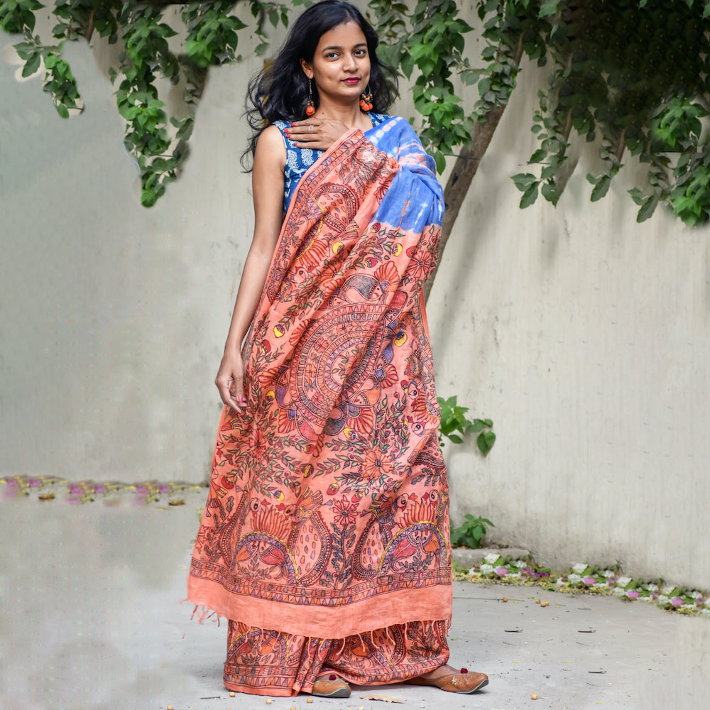 Madhubani Shibori Hand-Painted "Serene" Linen Saree