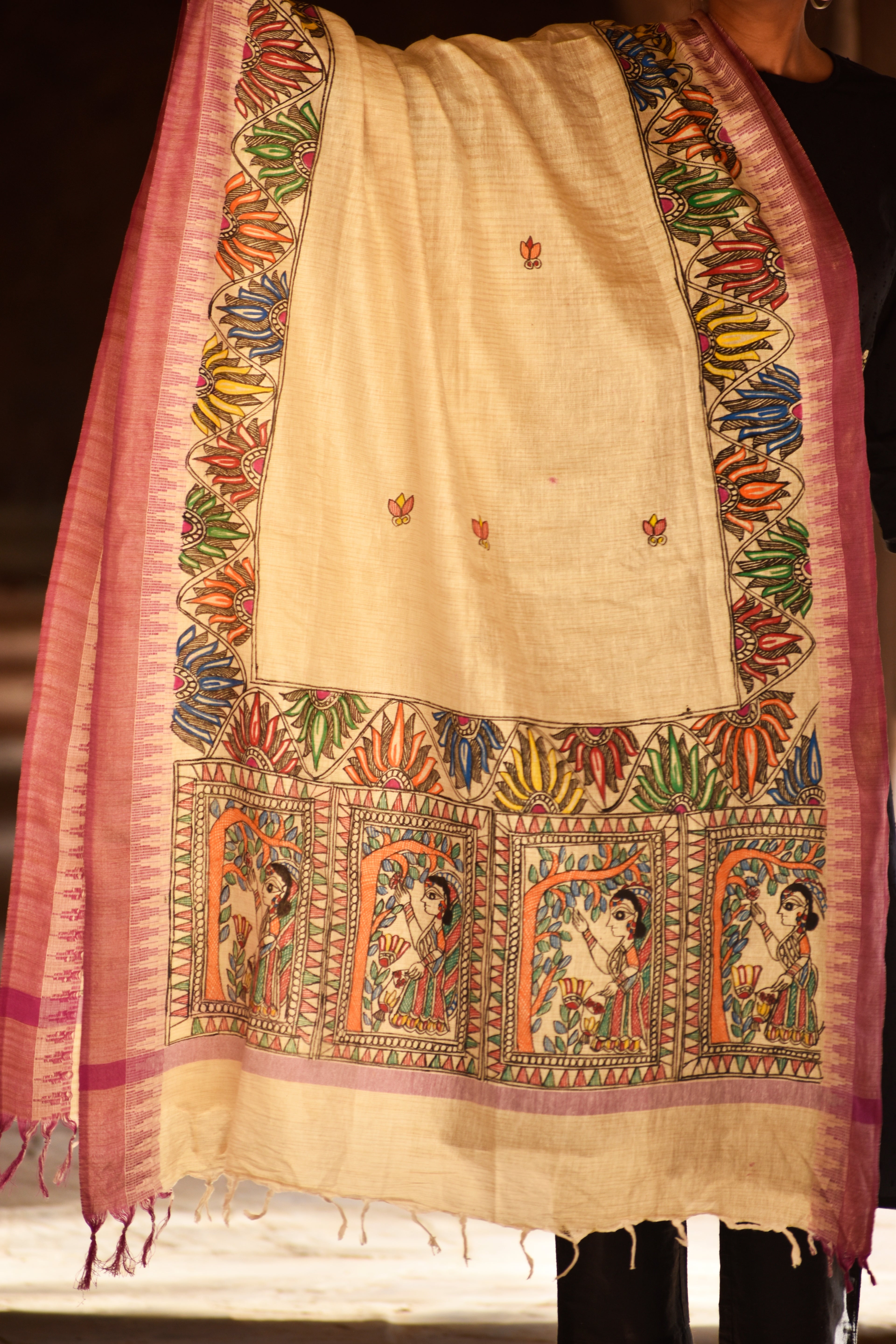 Madhubani Hand-Painted Cotton Dupatta
