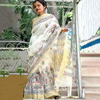 Madhubani Hand-Painted Linen Saree